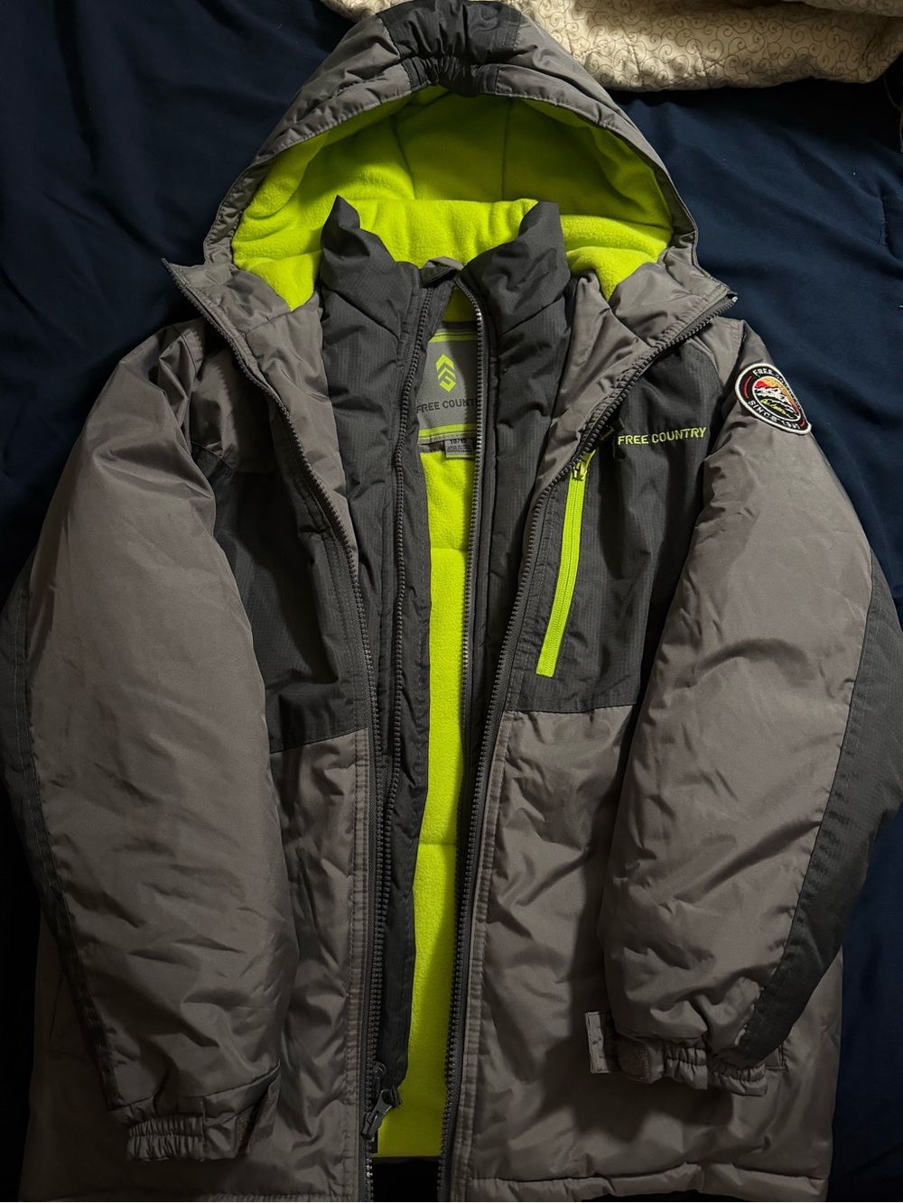 Free Country Gray Jacket with Neon Green Lining and Trim